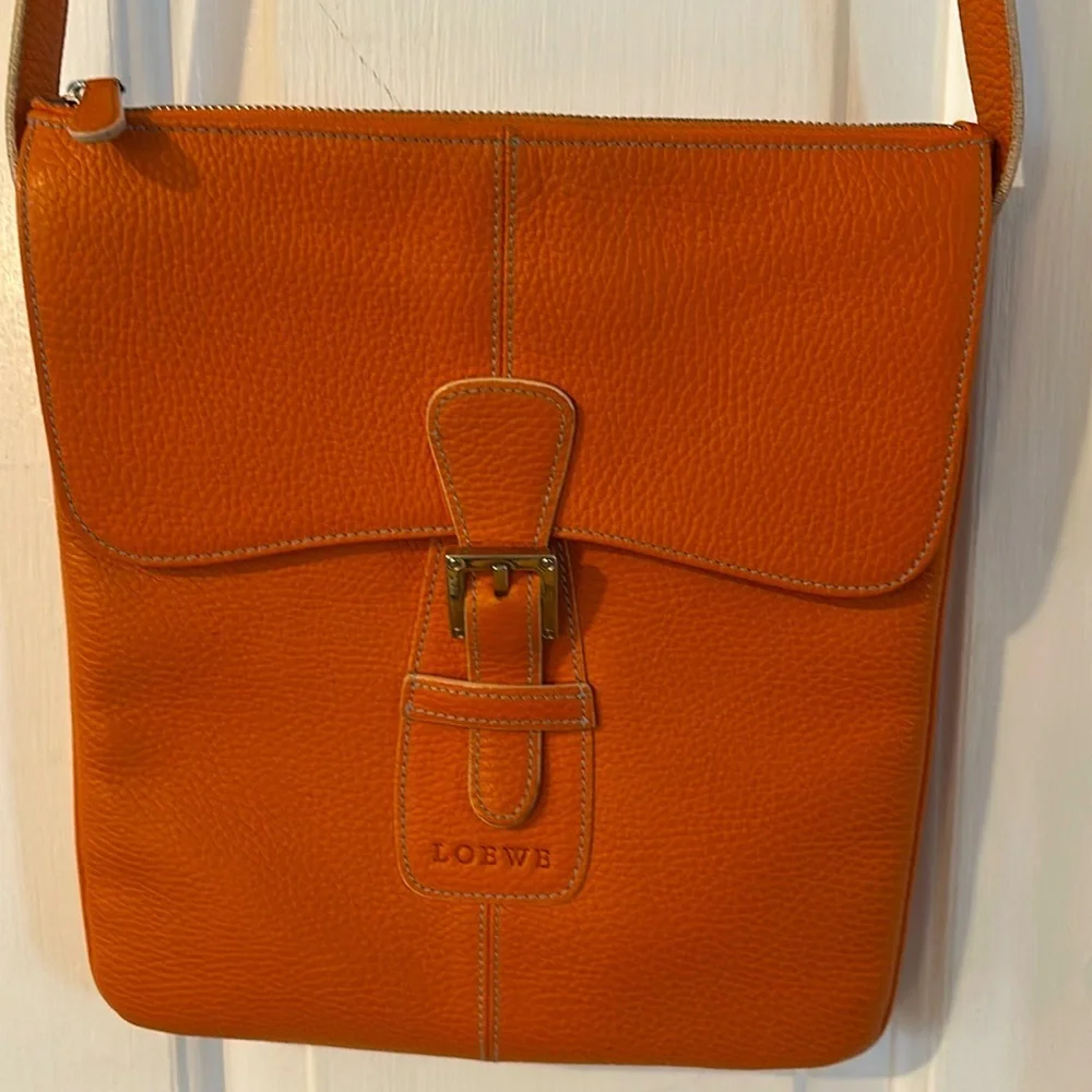 Vintage Loewe Senda Orange Pebbled Leather Logo Embossed Crossbody Bag
